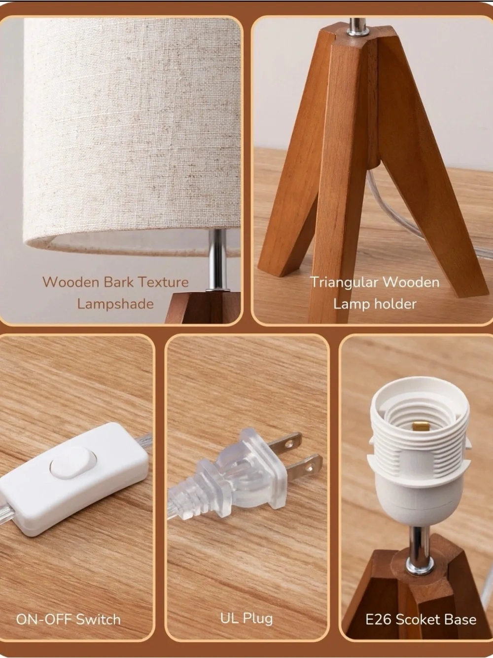 EDISHINE Wood Tripod Small Table Lamp Nightstand Lamp Linen Beige Lampshade